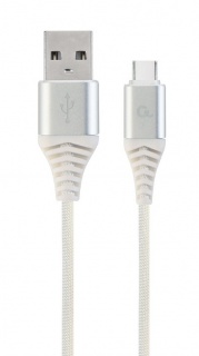 Cablu USB 2.0 la USB-C Premium Alb/Argintiu brodat 1m, Gembird CC-USB2B-AMCM-1M-BW2
